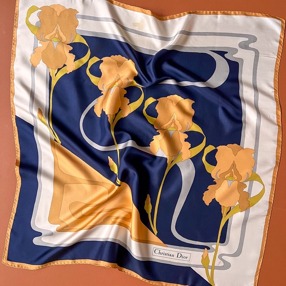 Vintage Christian Dior Silk Scarf With Orange Iris Print - Picture 1 of 10